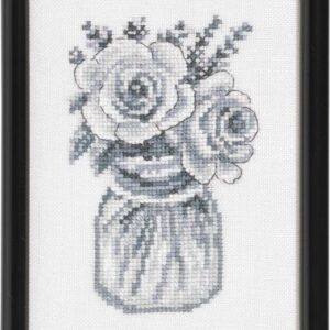 Korsstygnsbroderi tavla blomvas i grått