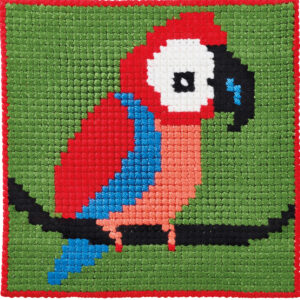 Korsstygnsbroderi Papegoja på stramalj, barnbroderi