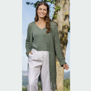 Stickmönster Långkofta med hålmönster och fransar denim-23009